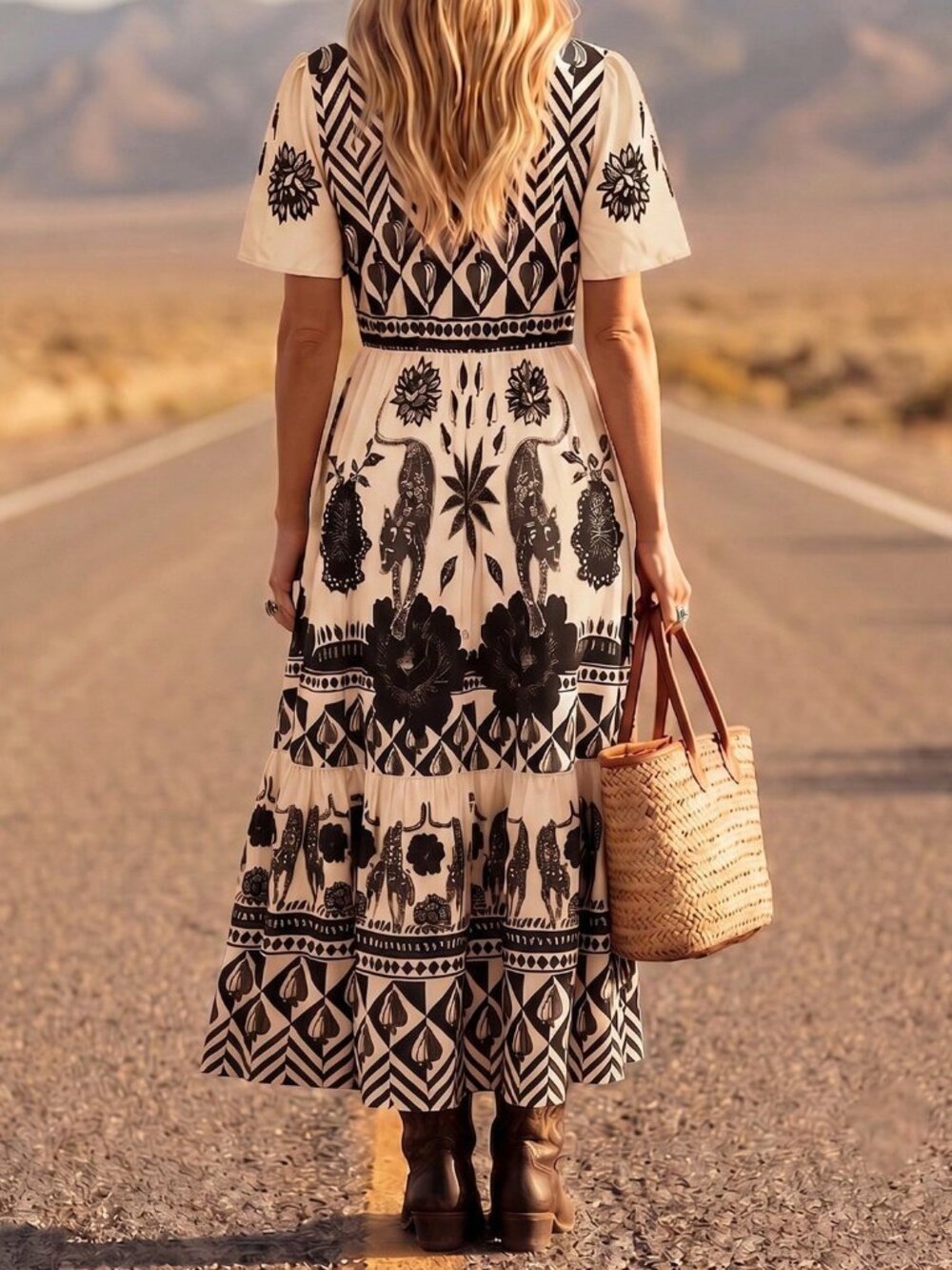 Black Boho Women's V-Neck Flared Sleeve Cinched Waist Ruffle Hem Dress - Picture 2 of 5